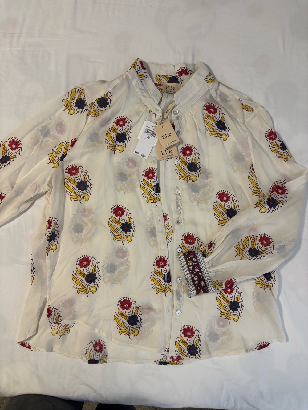 Elie Tahari Ivory Floral Button-Down Shirt with Red and Navy Accents